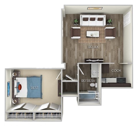 Floor plan for 1 bed, 1 bath, 517 sqft